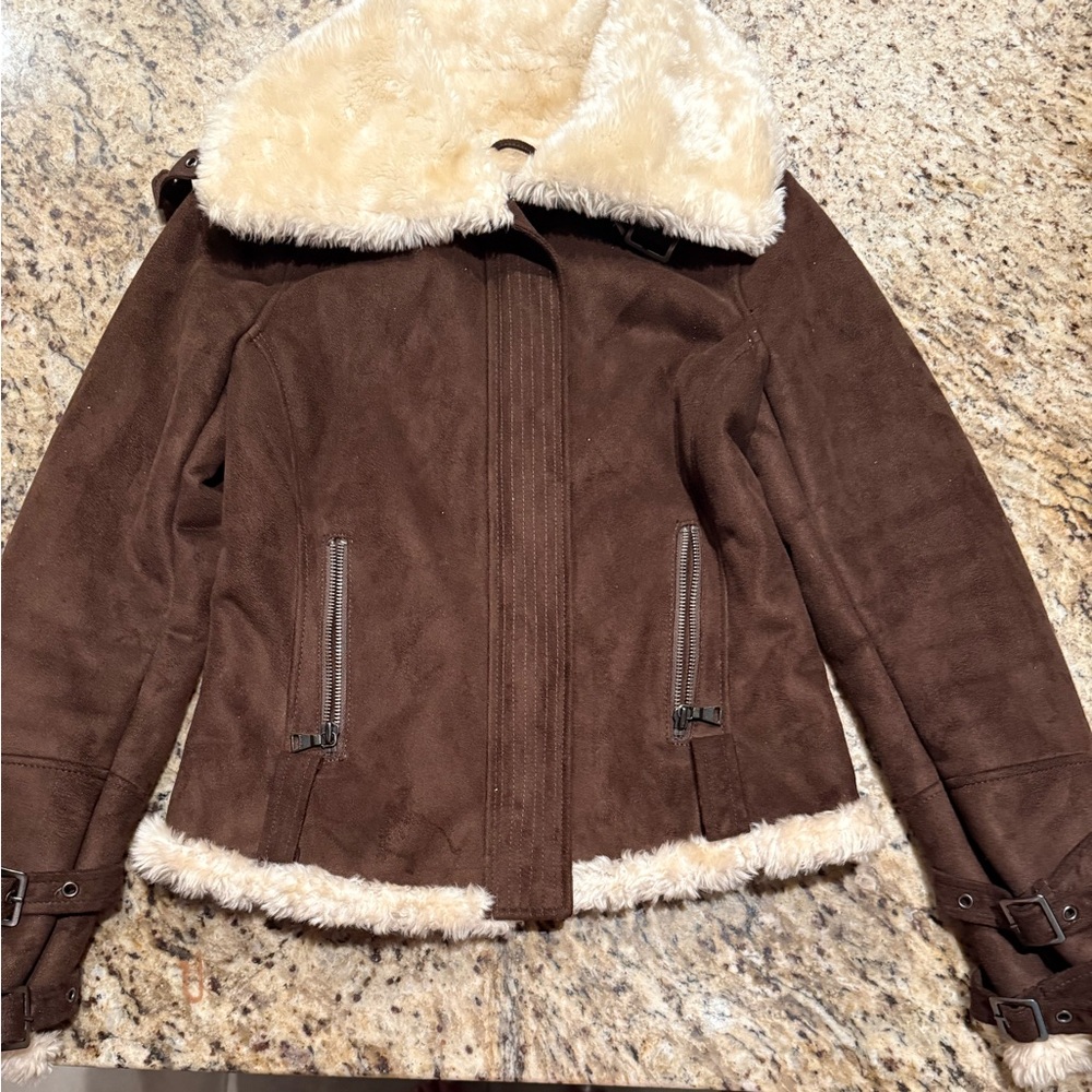 Express Chocolate Teddy Jacket with Cream Accents size small